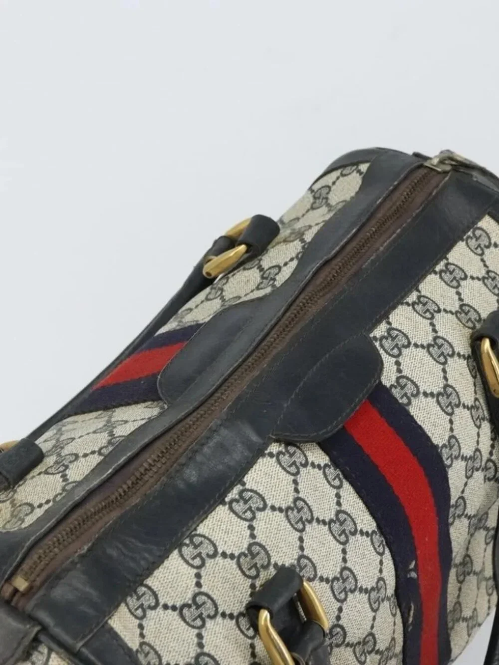 GUCCI GG Supreme Sherry Line Boston Bag PVC Navy Gold Red - Picture 7 of 15